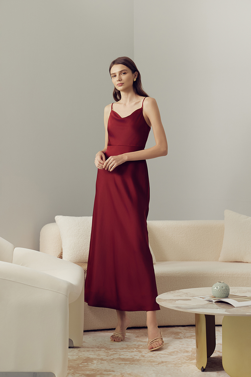 SICILY COWL NECK DRAPE SATIN DRESS