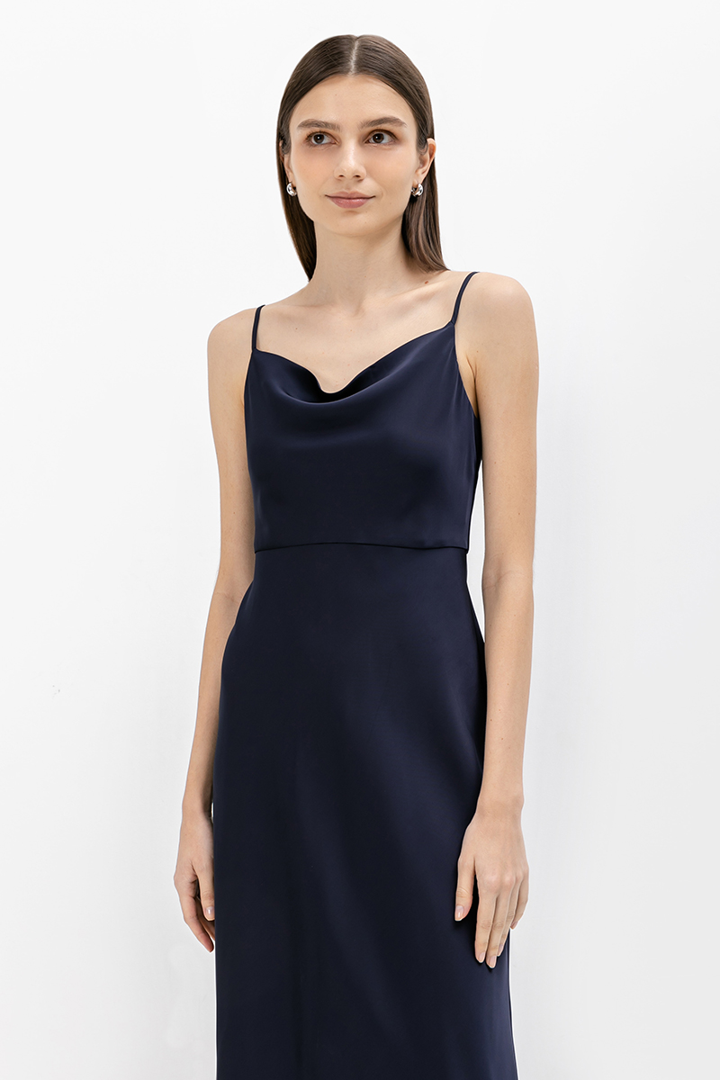 SICILY COWL NECK DRAPE SATIN DRESS