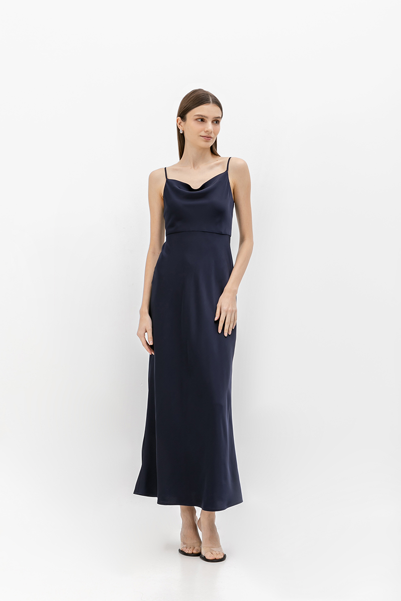 SICILY COWL NECK DRAPE SATIN DRESS