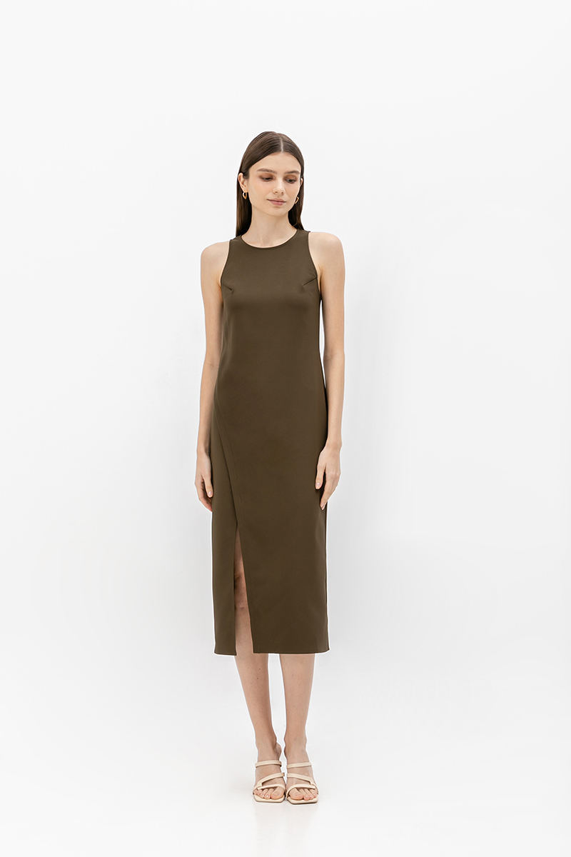 SAVINA ASYMMETRIC SHEATH MIDI DRESS