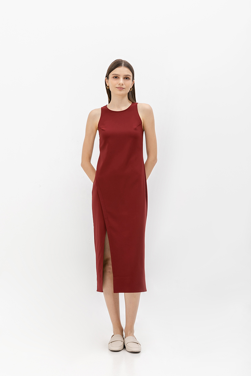 SAVINA ASYMMETRIC SHEATH MIDI DRESS