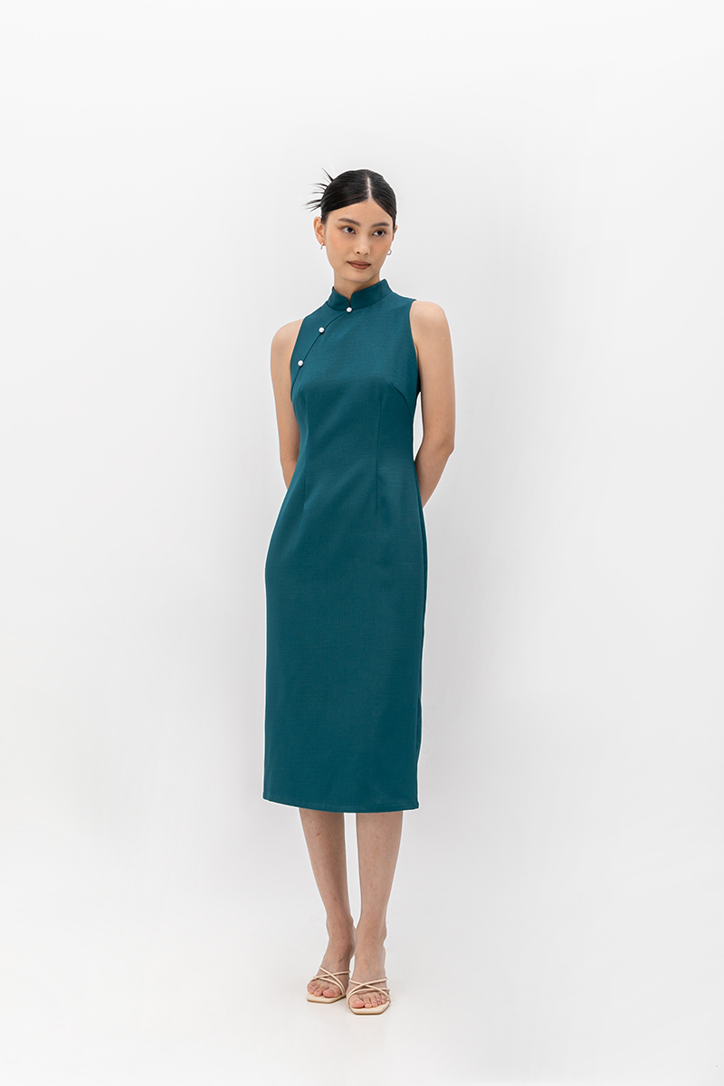 NIKA TWEED MIDI CHEONGSAM W PEARL BUTTONS