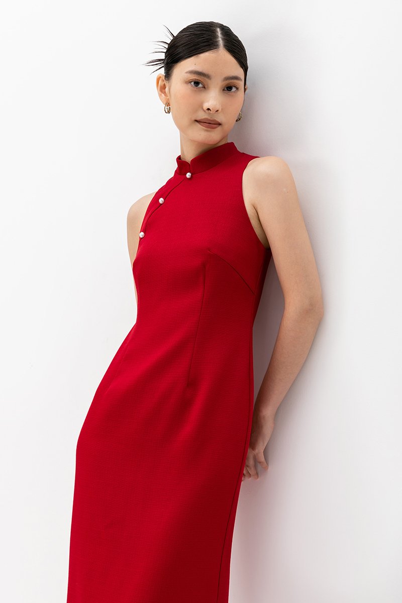 NIKA TWEED MIDI CHEONGSAM W PEARL BUTTONS