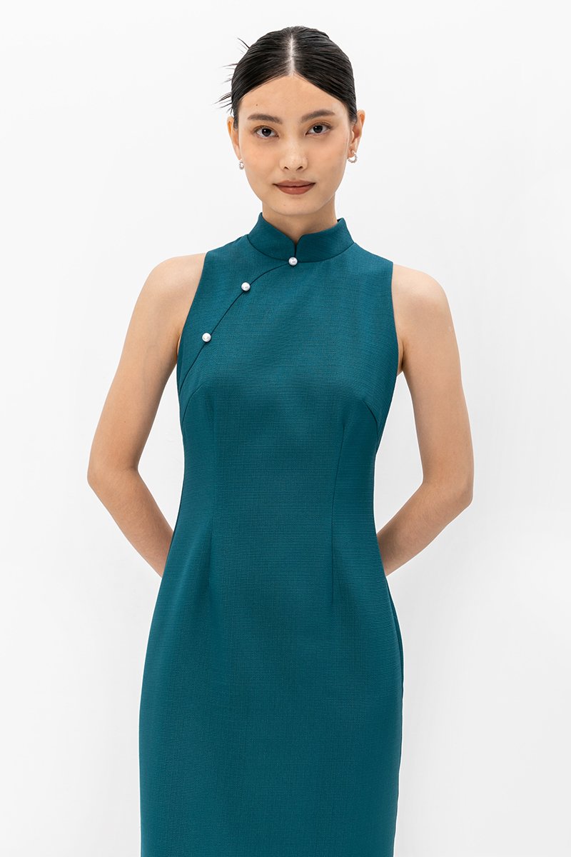NIKA TWEED MIDI CHEONGSAM W PEARL BUTTONS