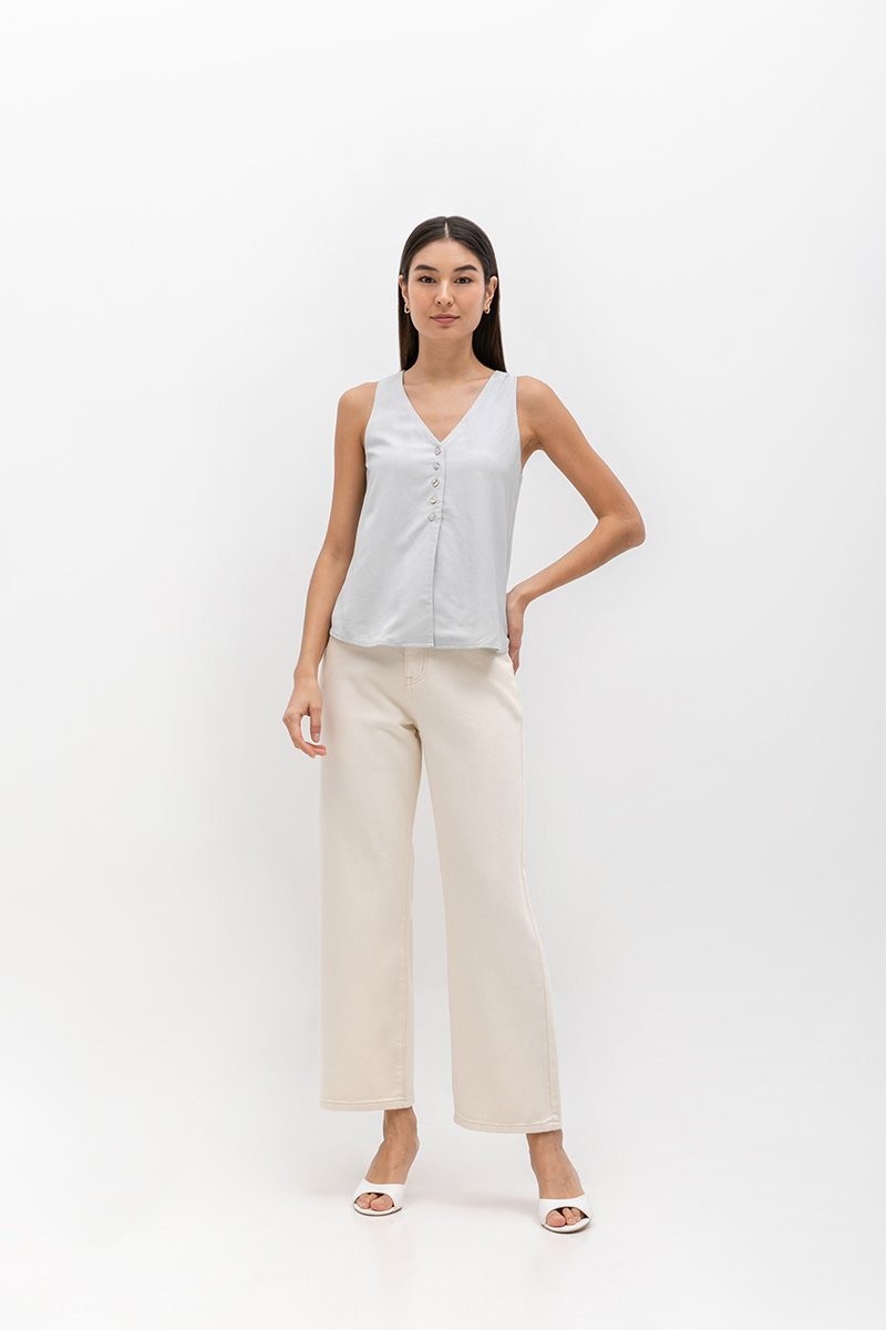 HEATHER SLEEVELESS BUTTONDOWN LINEN TOP