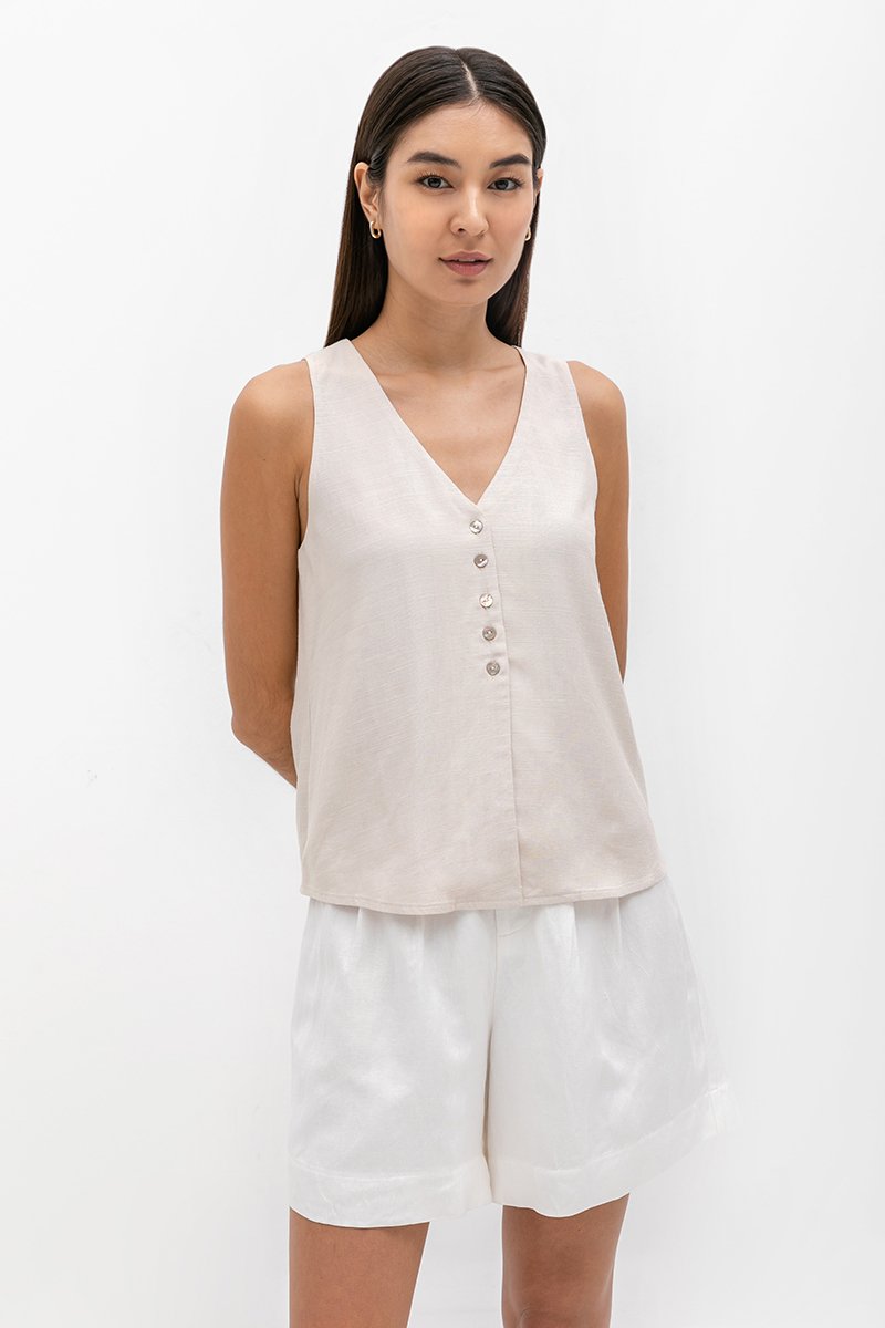 HEATHER SLEEVELESS BUTTONDOWN LINEN TOP