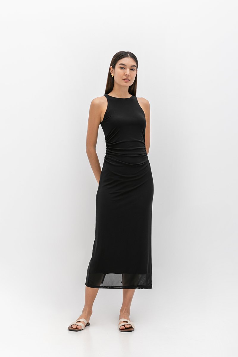 LYKKA RUCHED MESH MAXI DRESS