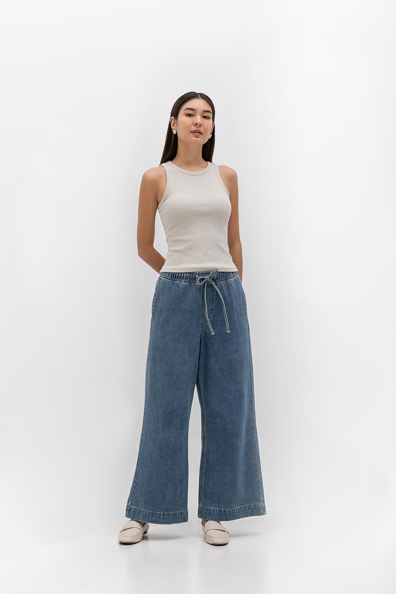 FERN DRAWSTRING DENIM WIDE LEG PANTS