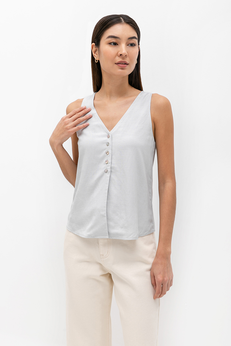 HEATHER SLEEVELESS BUTTONDOWN LINEN TOP