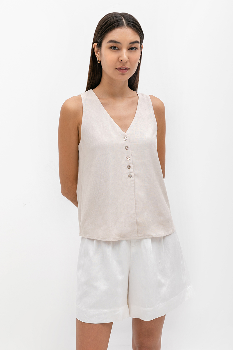 HEATHER SLEEVELESS BUTTONDOWN LINEN TOP