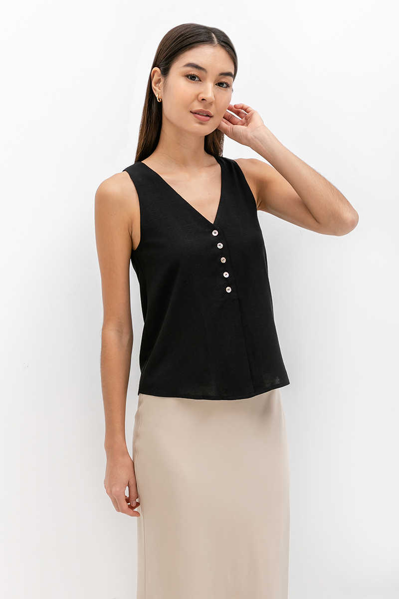 HEATHER SLEEVELESS BUTTONDOWN LINEN TOP