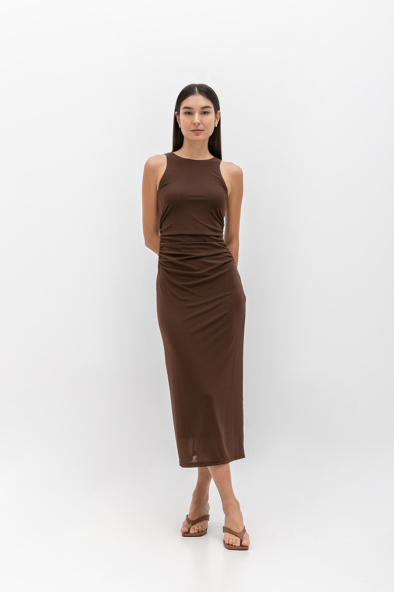 LYKKA RUCHED MESH MAXI DRESS