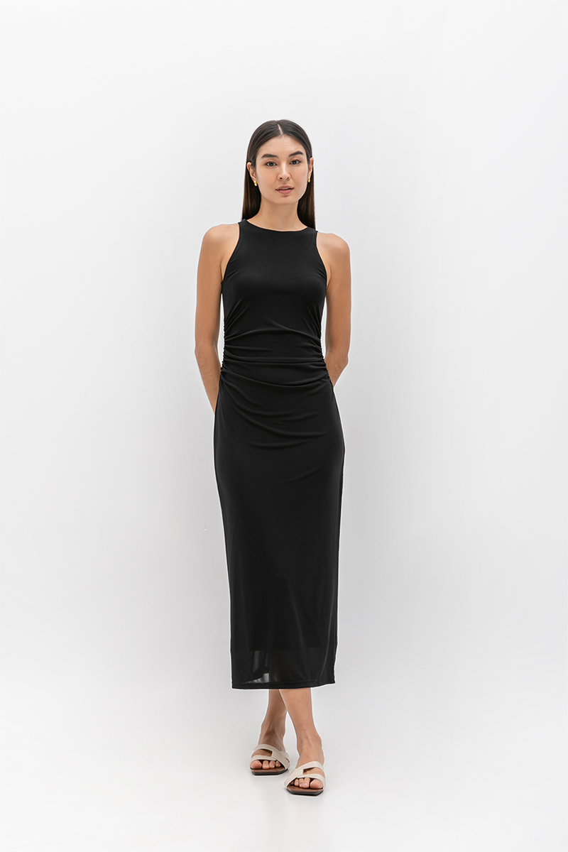 LYKKA RUCHED MESH MAXI DRESS