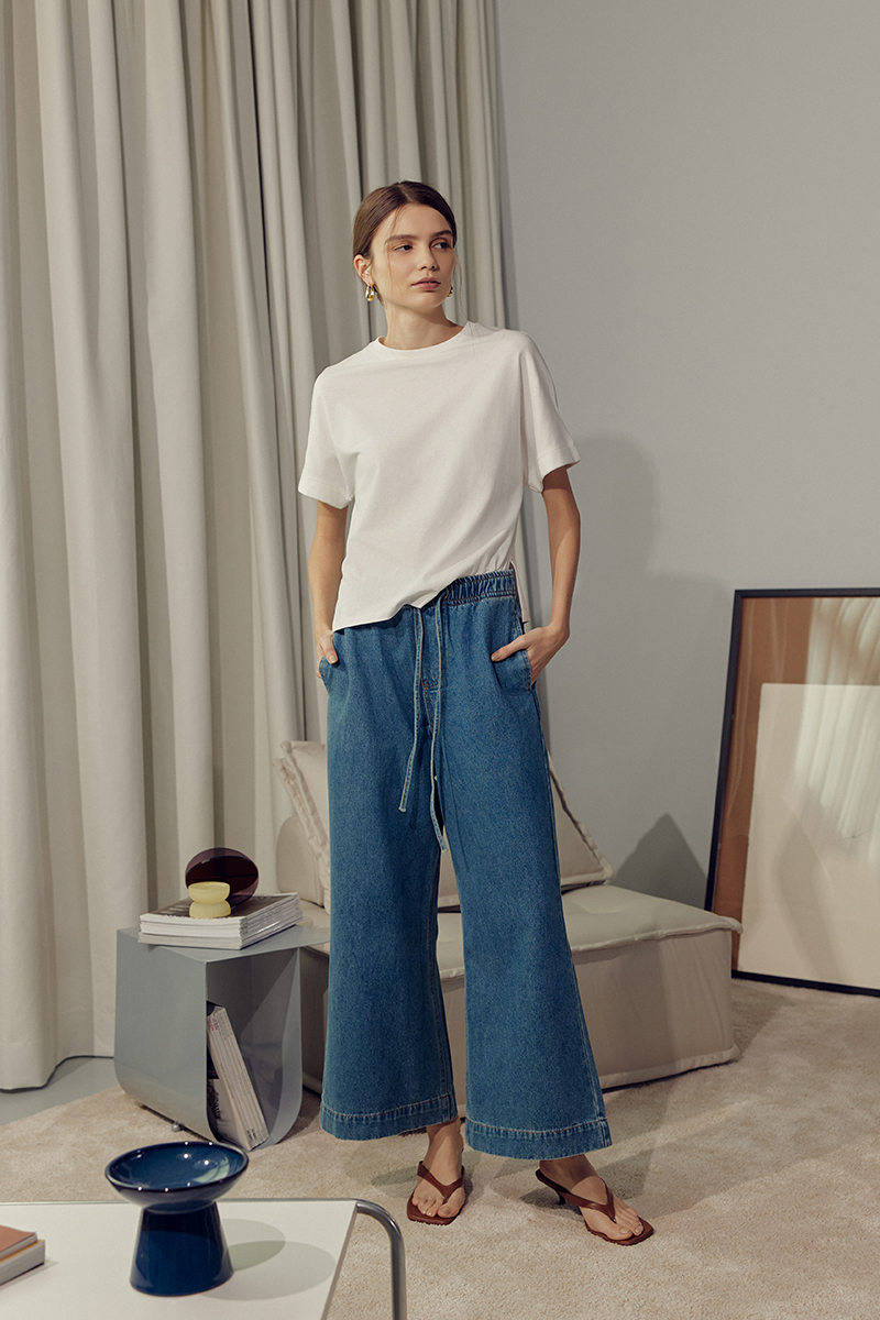 FERN DRAWSTRING DENIM WIDE LEG PANTS