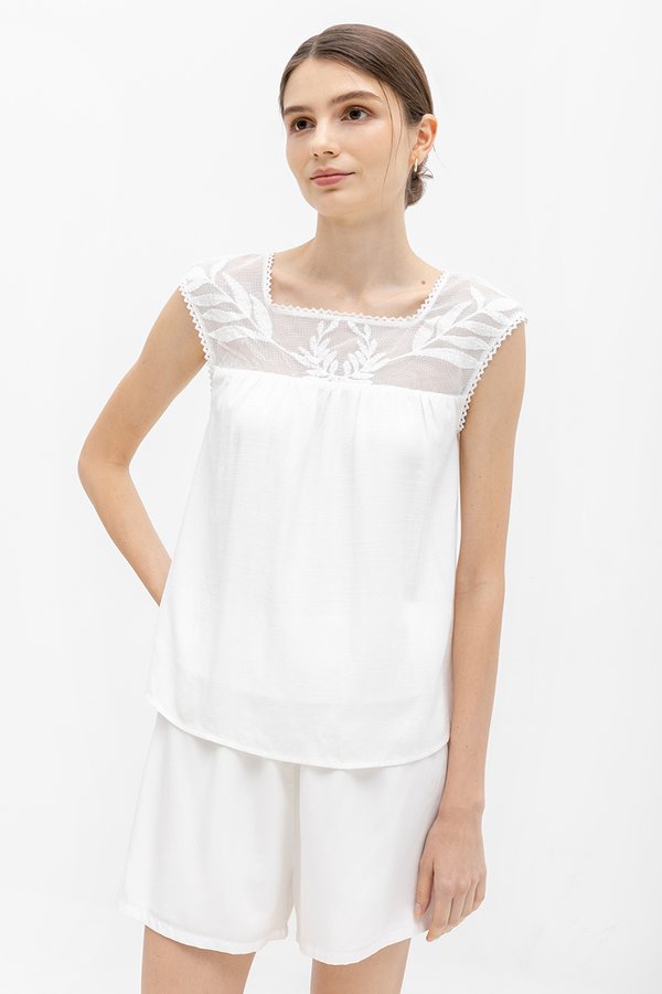 *BACKORDER* FRANCESCA MESH EMBROIDERED NECK TOP