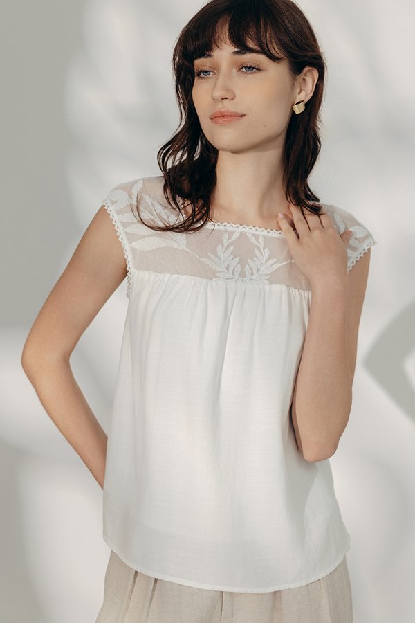 *BACKORDER* FRANCESCA MESH EMBROIDERED NECK TOP