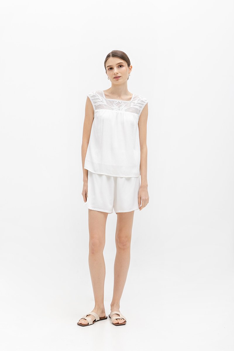FRANCESCA MESH EMBROIDERED NECK TOP