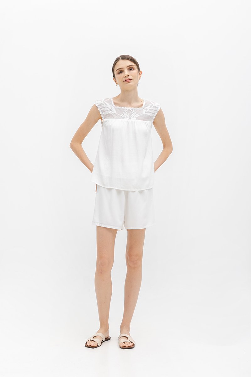 FRANCESCA MESH EMBROIDERED NECK TOP