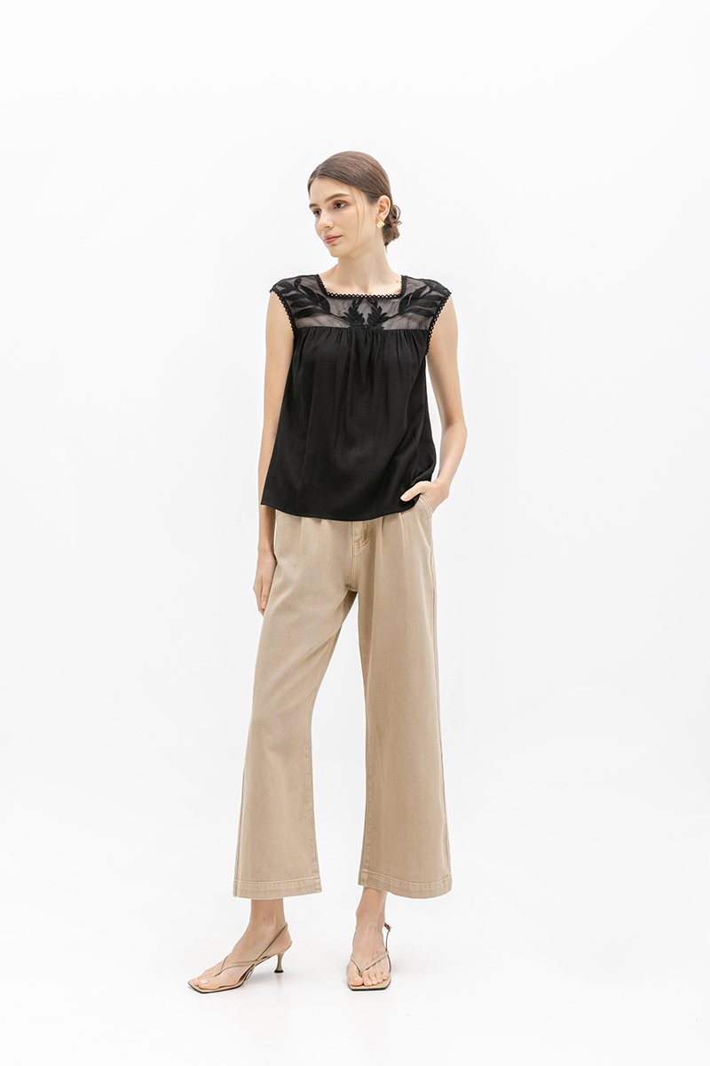 FRANCESCA MESH EMBROIDERED NECK TOP