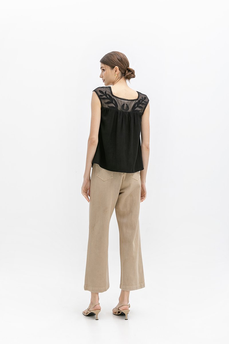 FRANCESCA MESH EMBROIDERED NECK TOP