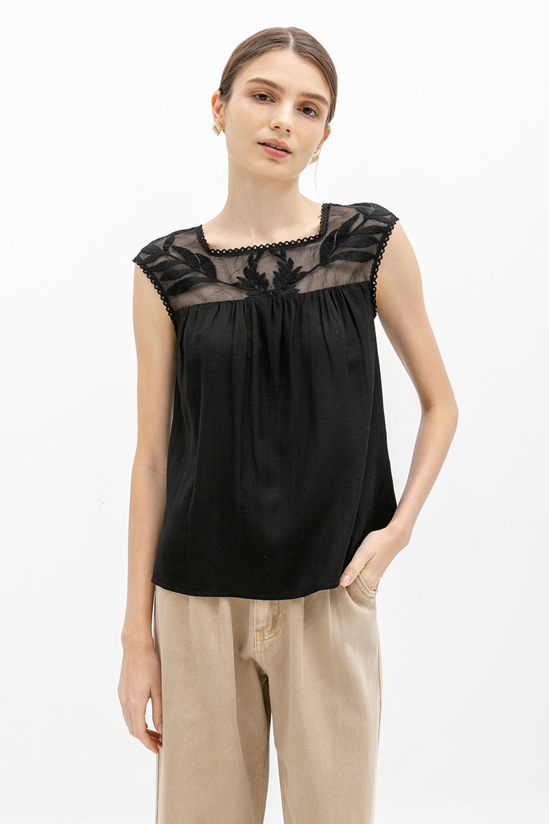FRANCESCA MESH EMBROIDERED NECK TOP