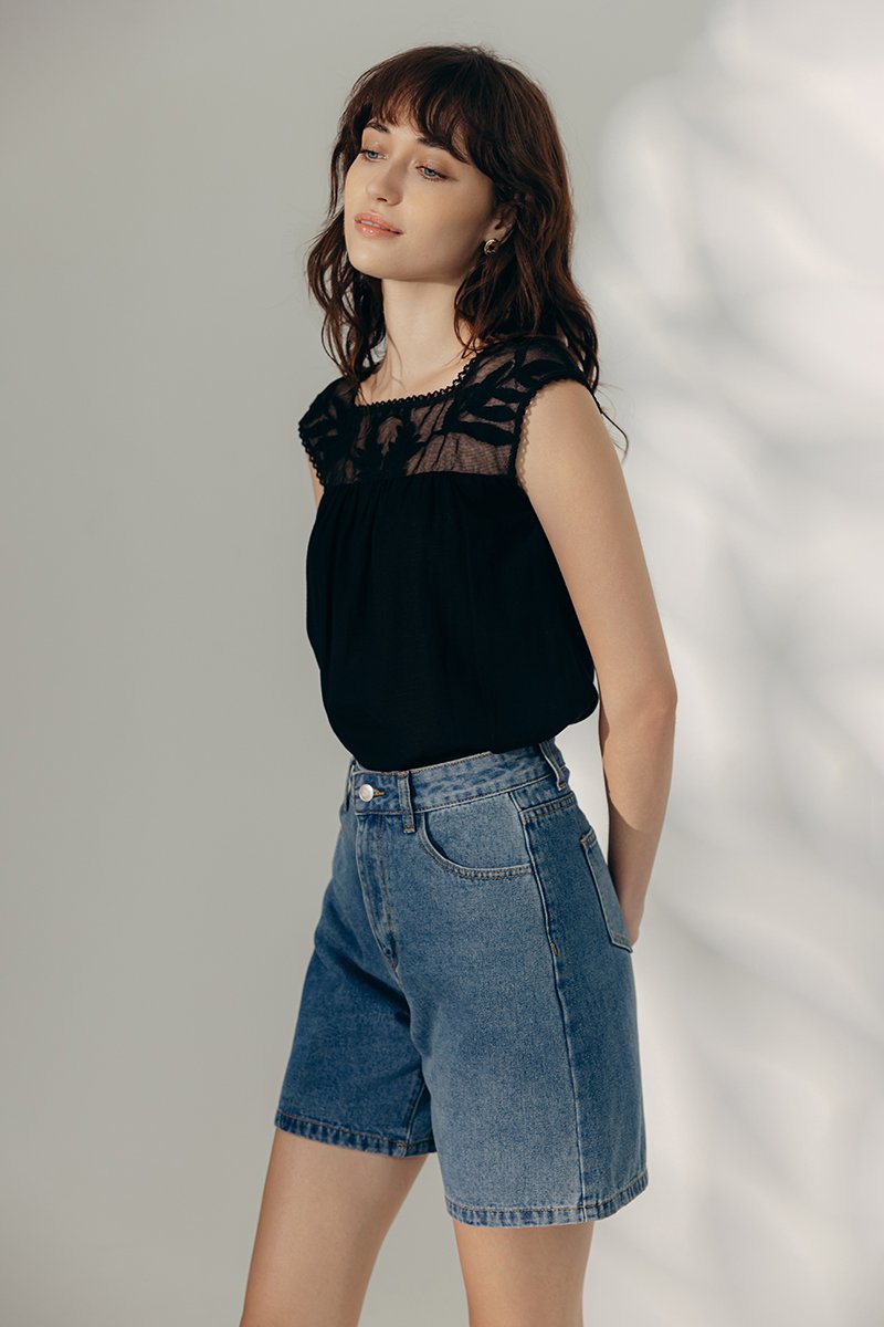 FRANCESCA MESH EMBROIDERED NECK TOP