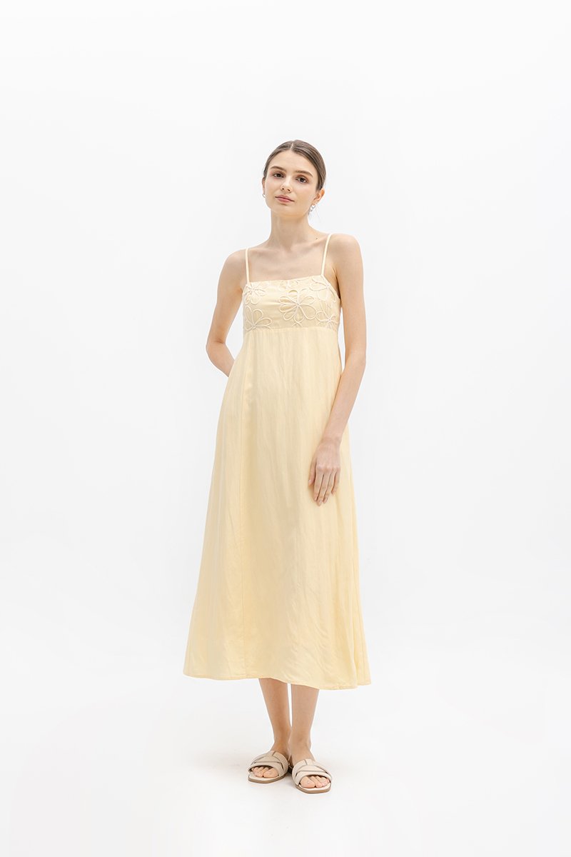 IRISA CONTRAST FLORAL EMBROIDERY MAXI LINEN DRESS