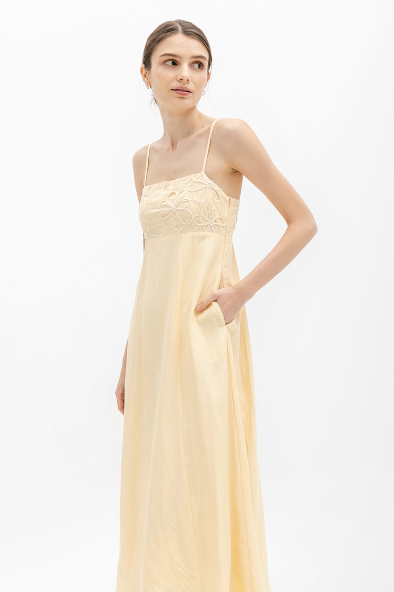 IRISA CONTRAST FLORAL EMBROIDERY MAXI LINEN DRESS