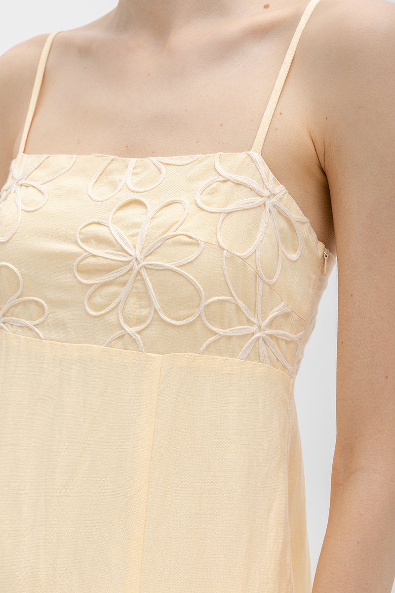 IRISA CONTRAST FLORAL EMBROIDERY MAXI LINEN DRESS