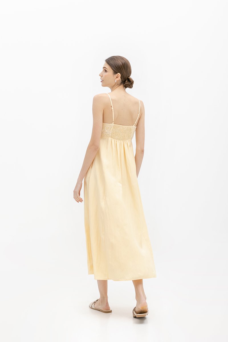 IRISA CONTRAST FLORAL EMBROIDERY MAXI LINEN DRESS