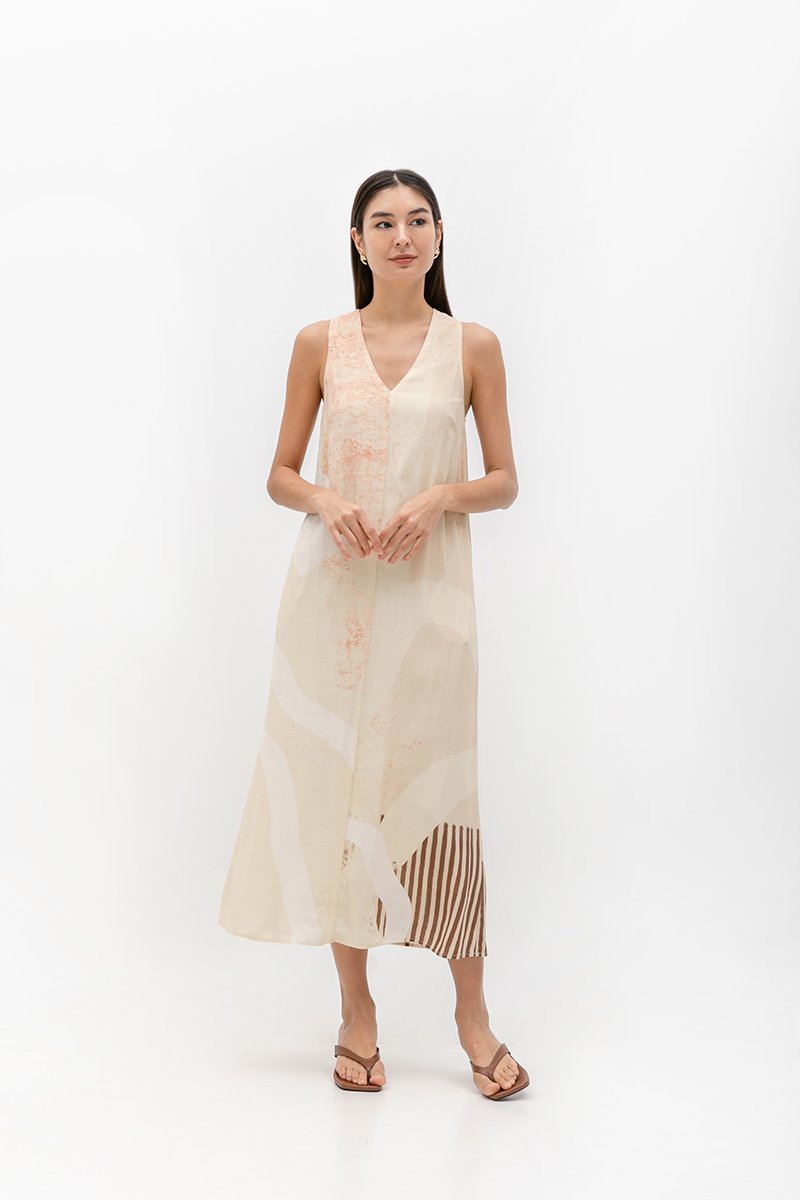 CASCADIA PRINTED BACK TWIST LINEN DRESS