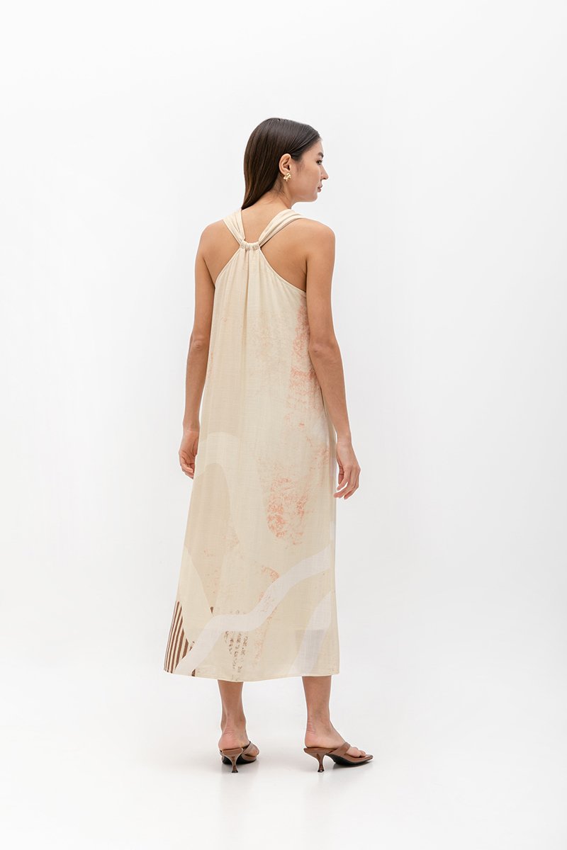 CASCADIA PRINTED BACK TWIST LINEN DRESS