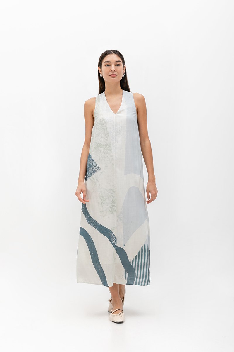 CASCADIA PRINTED BACK TWIST LINEN DRESS