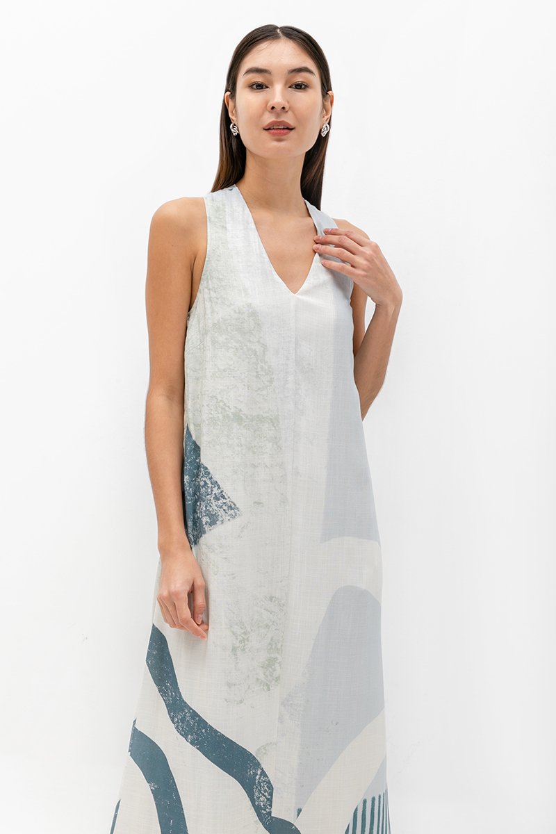 CASCADIA PRINTED BACK TWIST LINEN DRESS