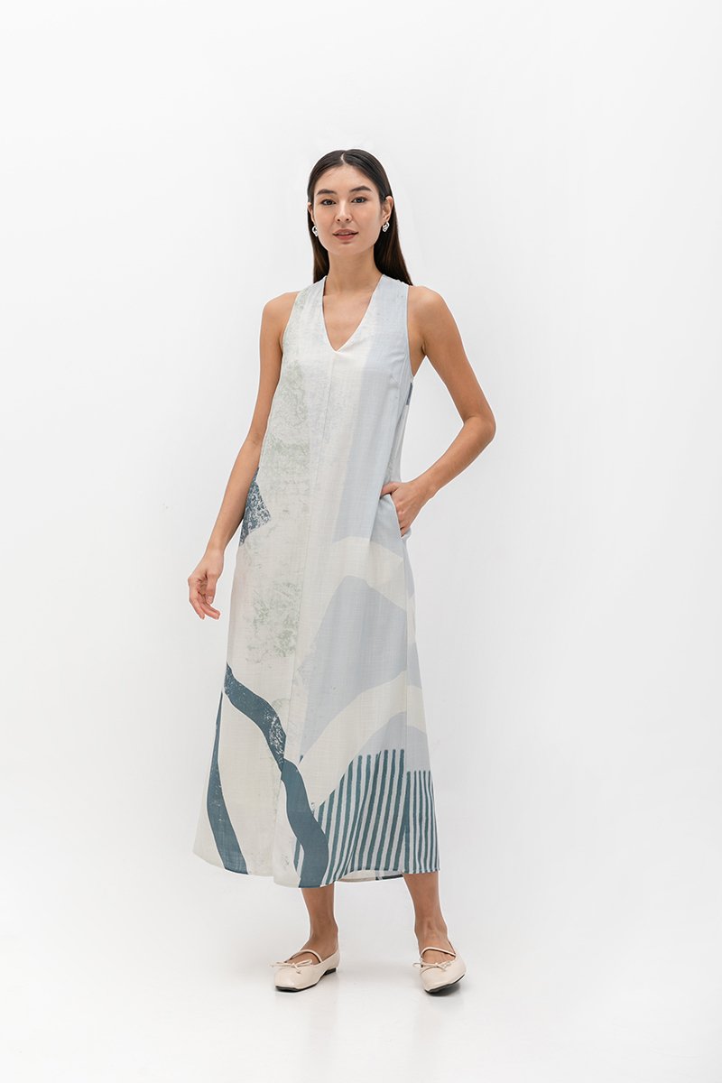 CASCADIA PRINTED BACK TWIST LINEN DRESS