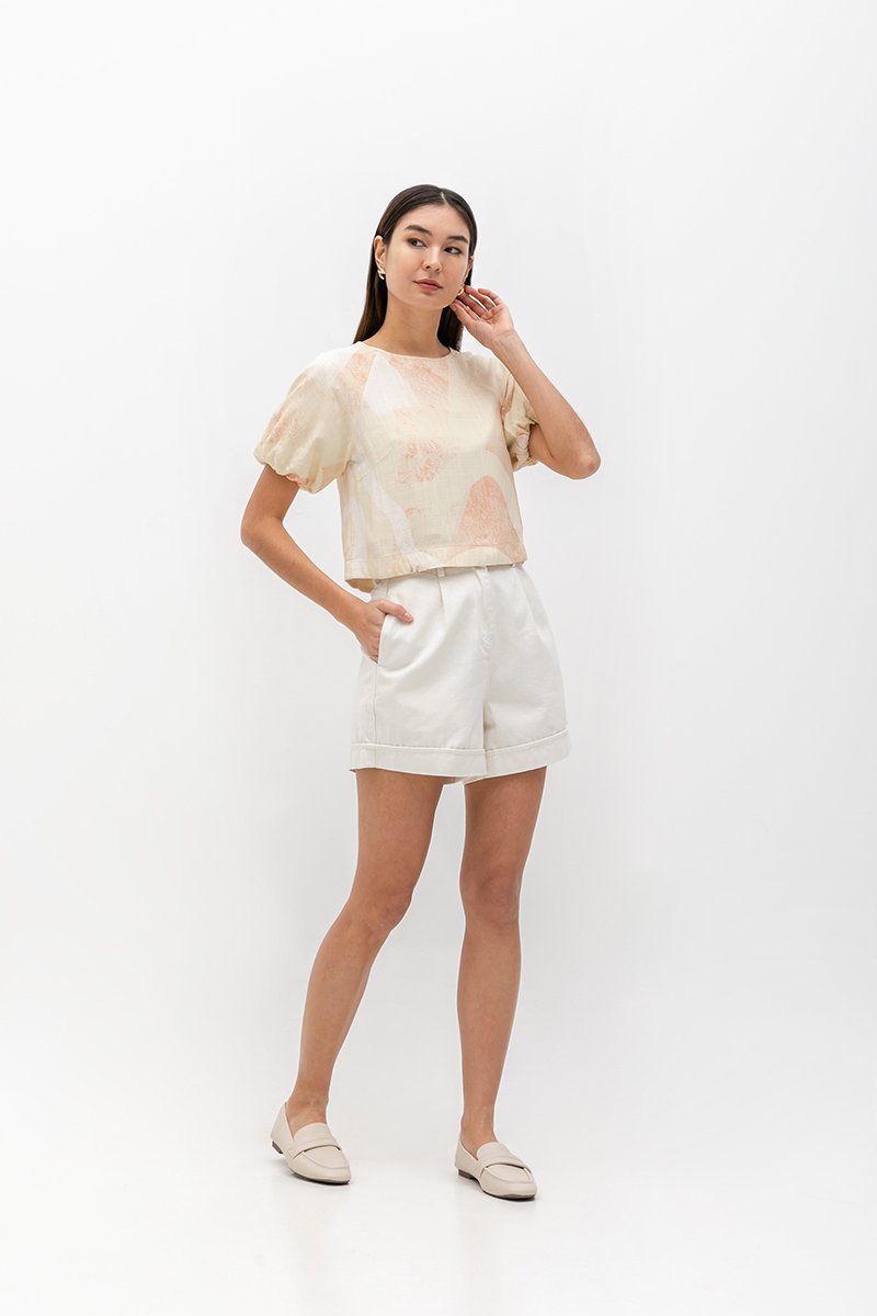 SOLEIL PRINTED PUFF SLEEVE LINEN TOP