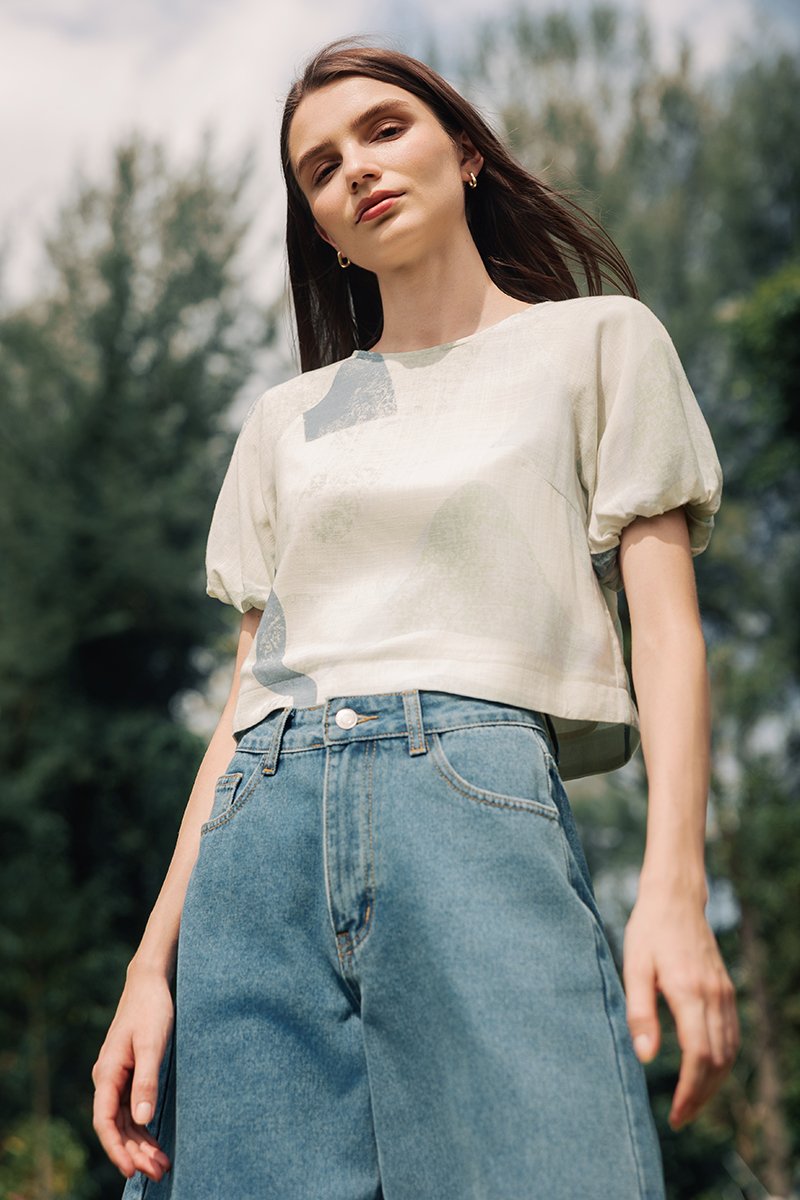 SOLEIL PRINTED PUFF SLEEVE LINEN TOP
