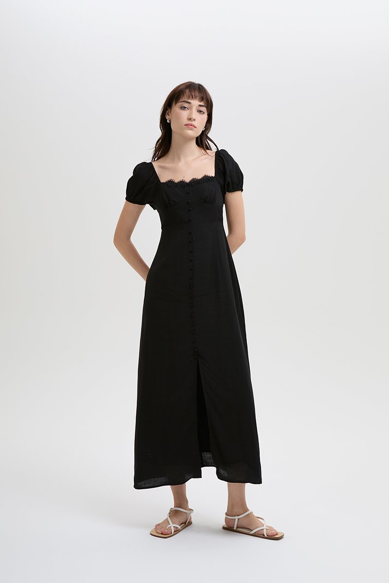 CELESTIAL LACE TRIM PUFF SLEEVE DRESS