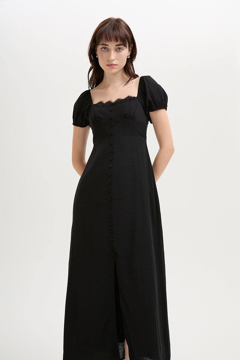 CELESTIAL LACE TRIM PUFF SLEEVE DRESS