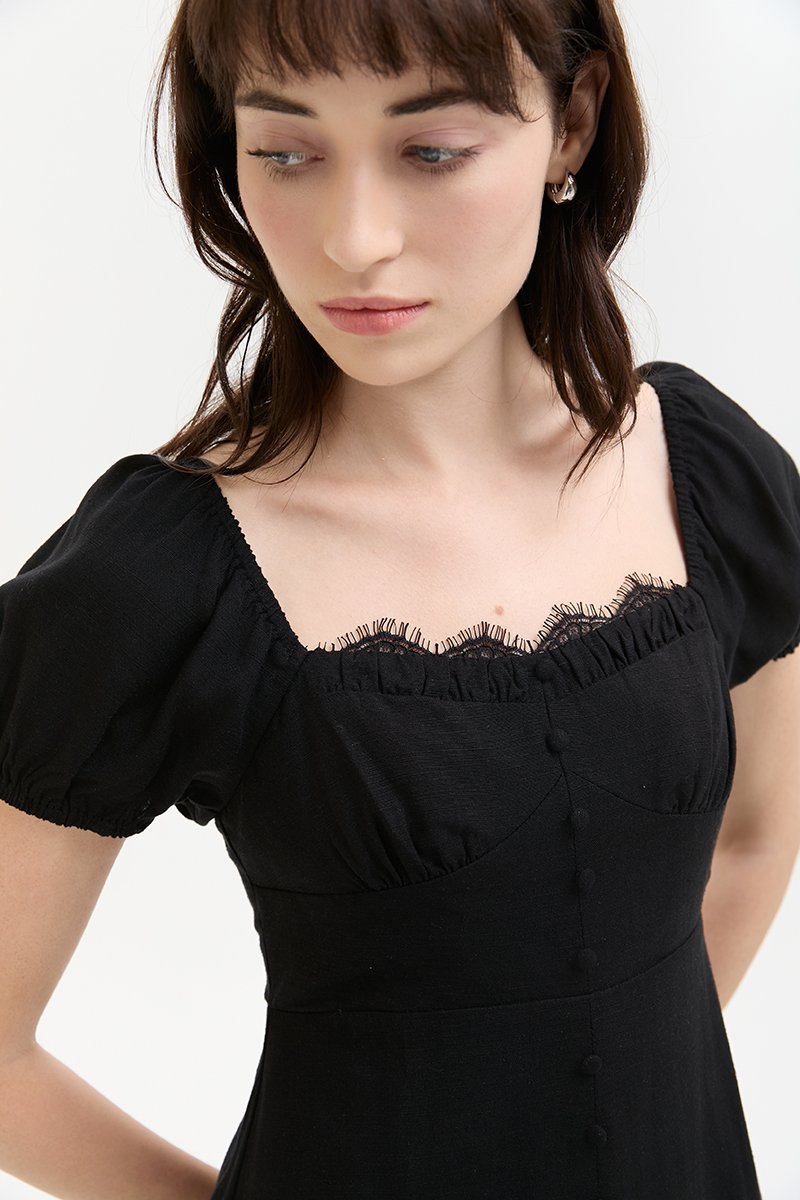 CELESTIAL LACE TRIM PUFF SLEEVE DRESS