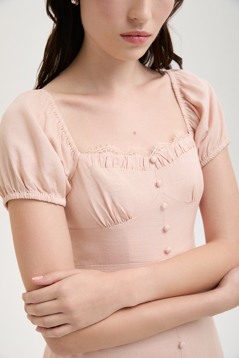 CELESTIAL LACE TRIM PUFF SLEEVE DRESS