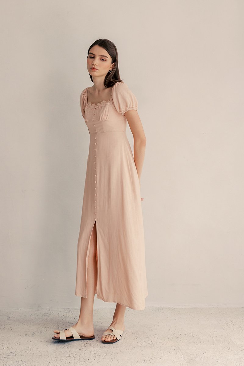 CELESTIAL LACE TRIM PUFF SLEEVE DRESS