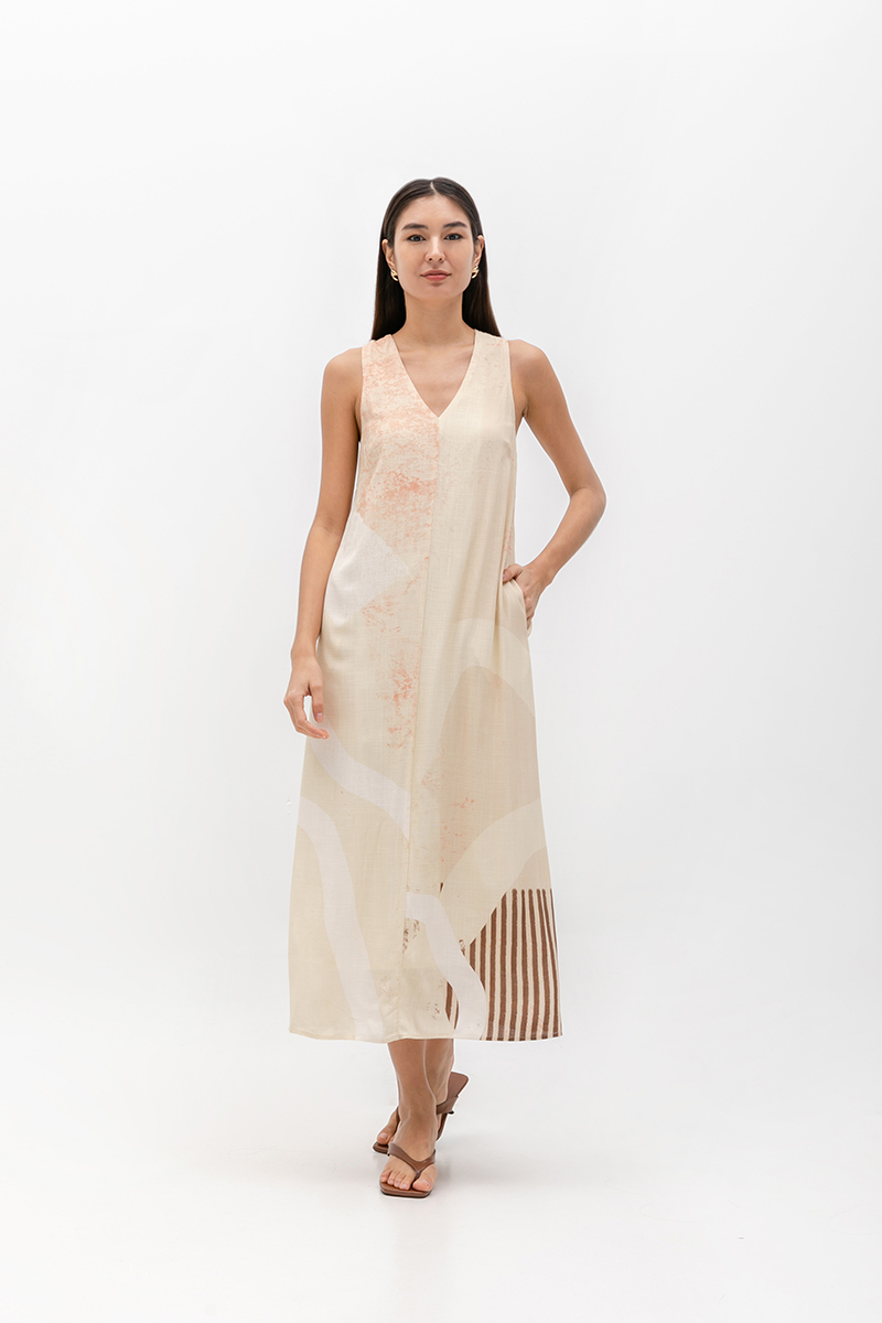 CASCADIA PRINTED BACK TWIST LINEN DRESS