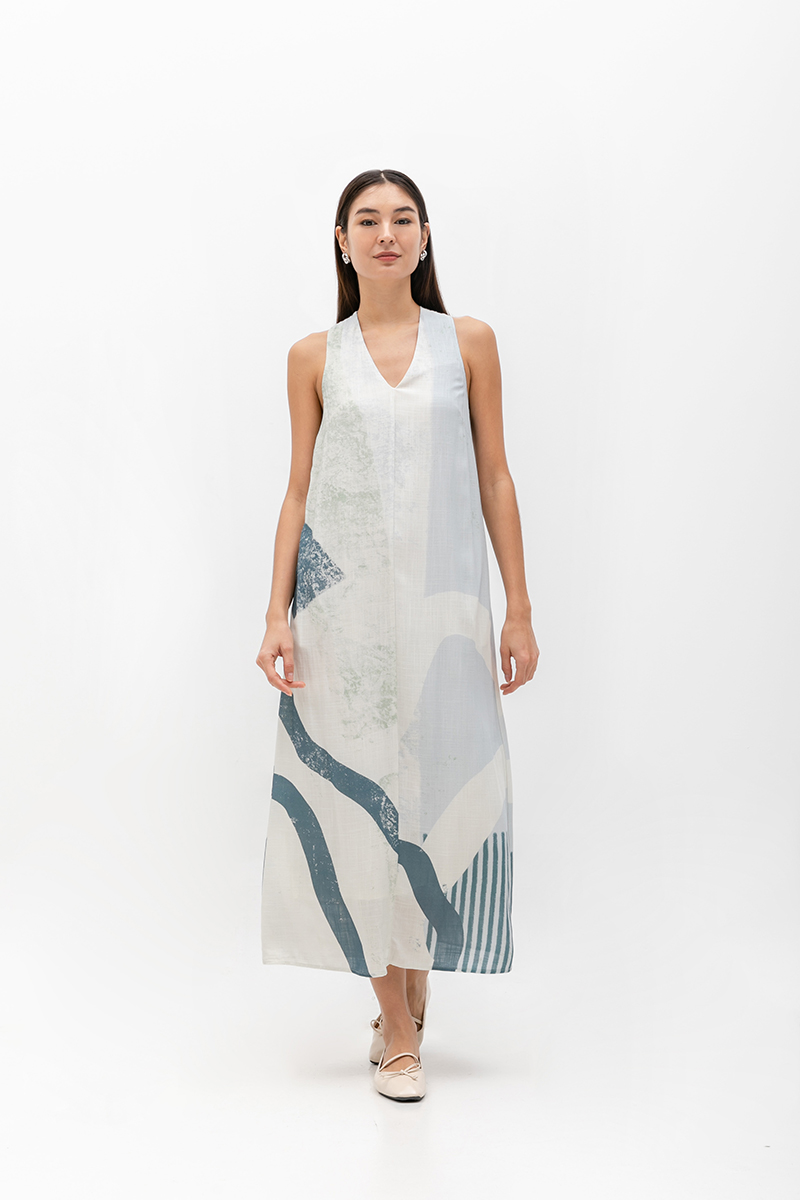 CASCADIA PRINTED BACK TWIST LINEN DRESS