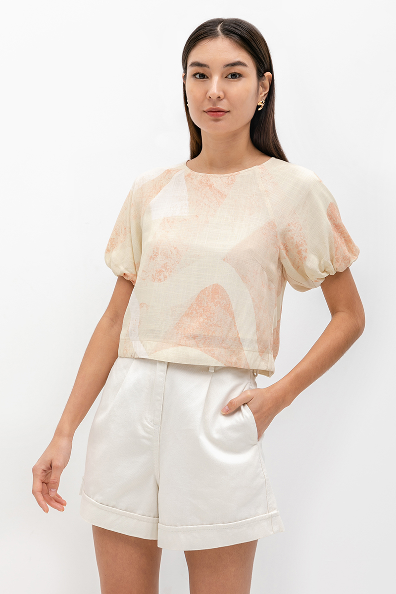 SOLEIL PRINTED PUFF SLEEVE LINEN TOP