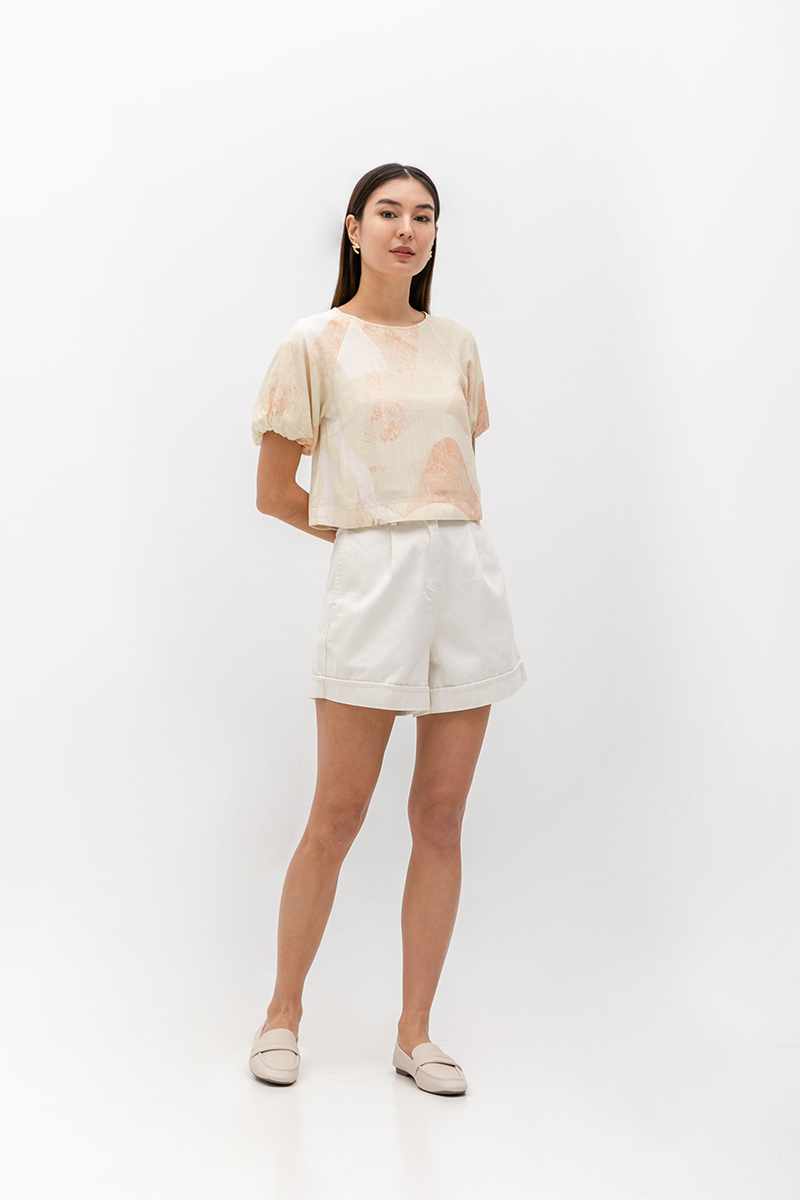 SOLEIL PRINTED PUFF SLEEVE LINEN TOP