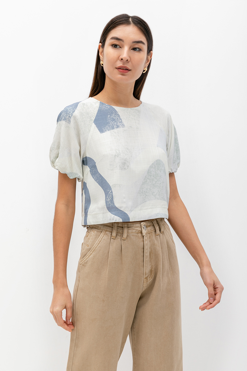 SOLEIL PRINTED PUFF SLEEVE LINEN TOP