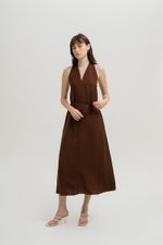 RYLENE LINEN HALTER TRAPEZE DRESS W SASH RYLENE LINEN HALTER TRAPEZE DRESS W SASH