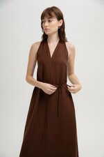 RYLENE LINEN HALTER TRAPEZE DRESS W SASH RYLENE LINEN HALTER TRAPEZE DRESS W SASH