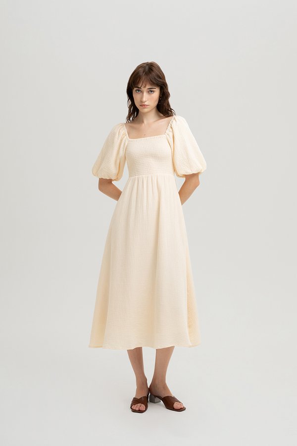 CASIE PUFF SLEEVE SMOCKED MIDI DRESS
